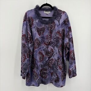 CD Daniels Purple Paisley Zebra‎ Print Fur Trim Mock Neck Long Sleeve Sweater 3X